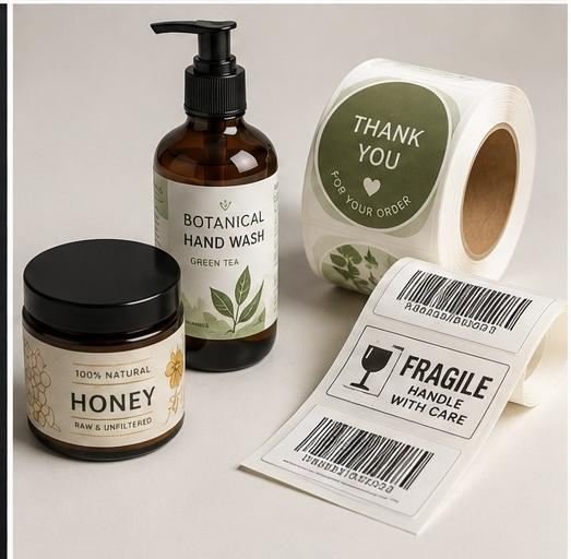 Product labels and stickers on bottles and rolls
