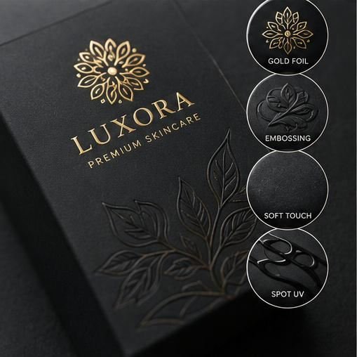 Black luxury foil-stamped box with premium finishing details